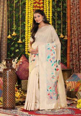Cream Weaving Cotton Saree Set for Diwali | Wedding & Festive Wear
