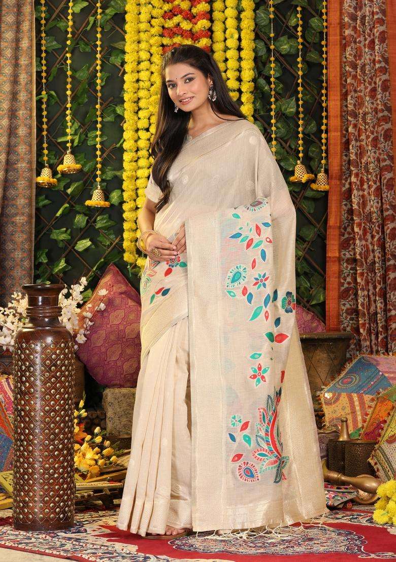 Cream Weaving Cotton Saree Set for Diwali | Wedding & Festive Wear - Indya