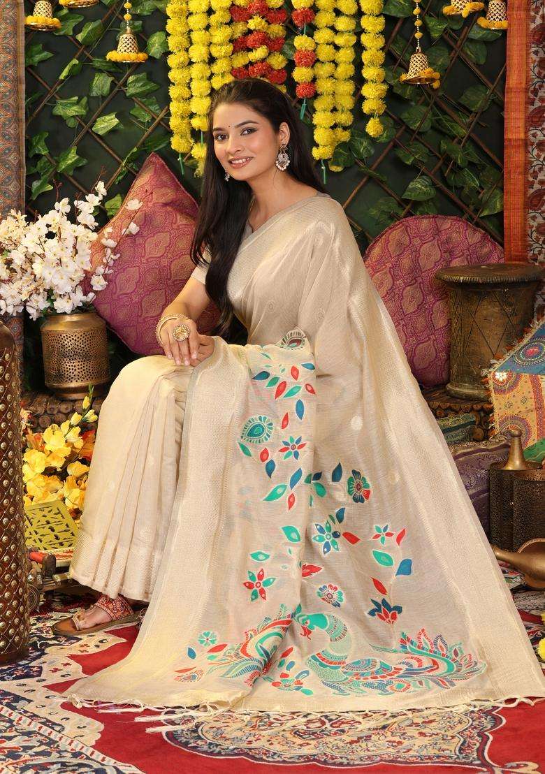 Cream Weaving Cotton Saree Set for Diwali | Wedding & Festive Wear - Indya