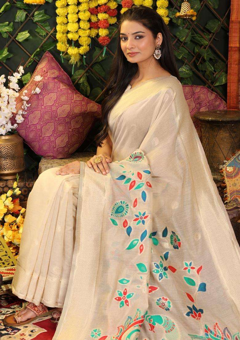 Cream Weaving Cotton Saree Set for Diwali | Wedding & Festive Wear - Indya