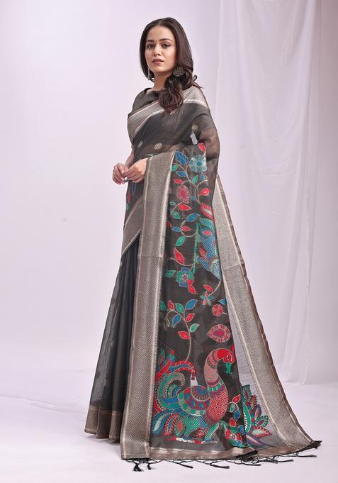 Grey Weaving Cotton Saree Set