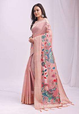 Peach Weaving Cotton Saree Set for Diwali | Wedding & Festive Wear
