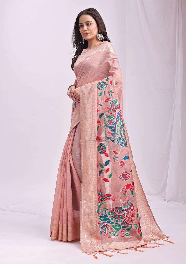 Peach Weaving Cotton Saree Set for Diwali | Wedding & Festive Wear - Indya