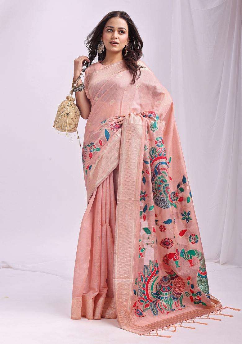 Peach Weaving Cotton Saree Set for Diwali | Wedding & Festive Wear - Indya