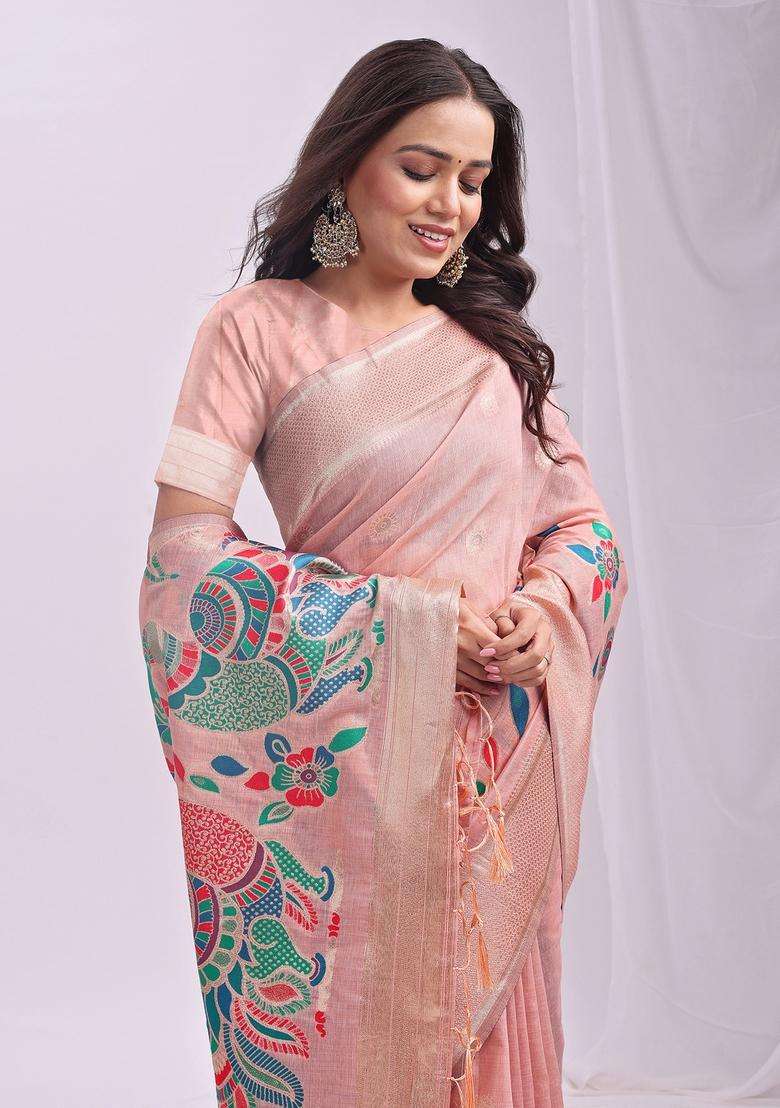 Peach Weaving Cotton Saree Set for Diwali | Wedding & Festive Wear - Indya