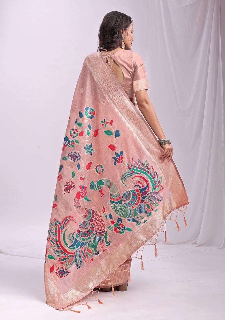 Peach Weaving Cotton Saree Set for Diwali | Wedding & Festive Wear - Indya