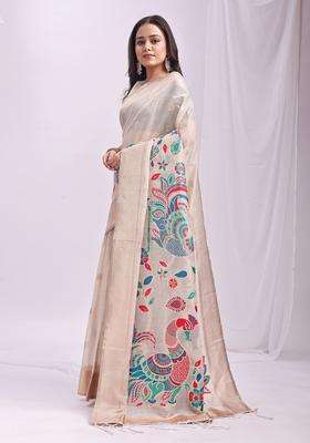 Cream Weaving Cotton Saree Set for Diwali | Wedding & Festive Wear