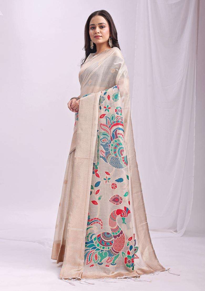 Cream Weaving Cotton Saree Set for Diwali | Wedding & Festive Wear - Indya
