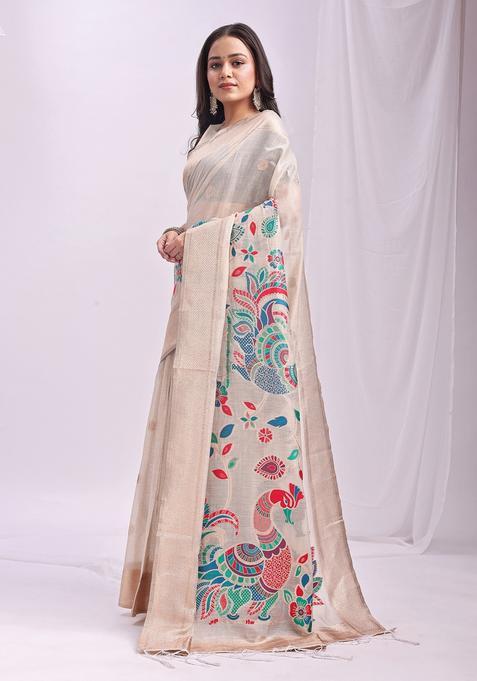 Cream Weaving Cotton Saree Set