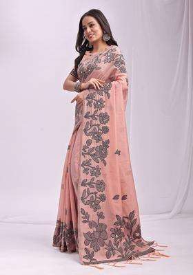 Peach Weaving Cotton Saree Set for Diwali | Wedding & Festive Wear