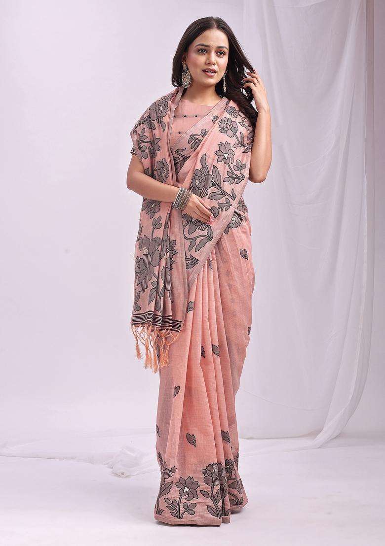 Peach Weaving Cotton Saree Set for Diwali | Wedding & Festive Wear - Indya