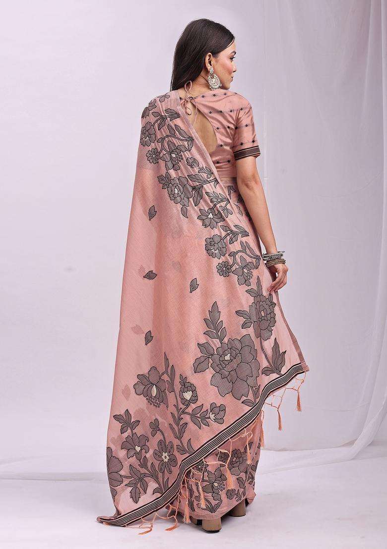 Peach Weaving Cotton Saree Set for Diwali | Wedding & Festive Wear - Indya