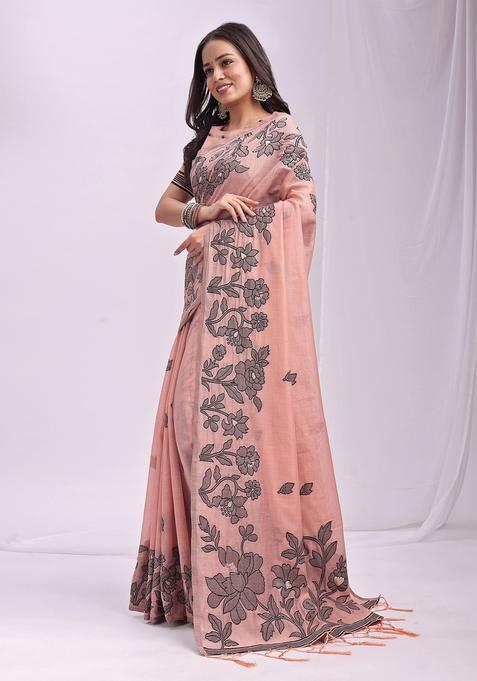 Peach Weaving Cotton Saree Set