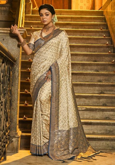 Navy Blue Jacquard Silk Saree Set