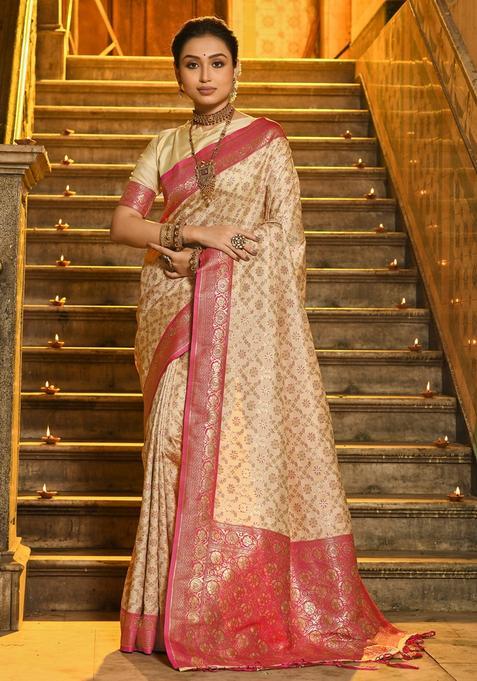 Pink Jacquard Silk Saree Set