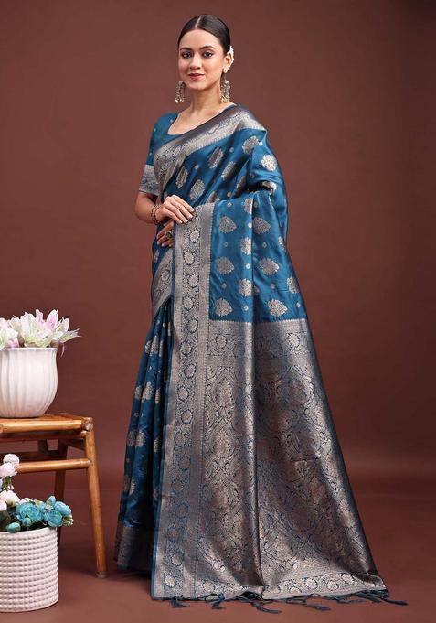Teal Blue Jacquard Silk Saree Set
