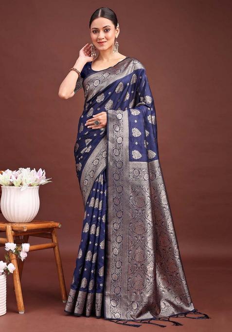 Navy Blue Jacquard Silk Saree Set