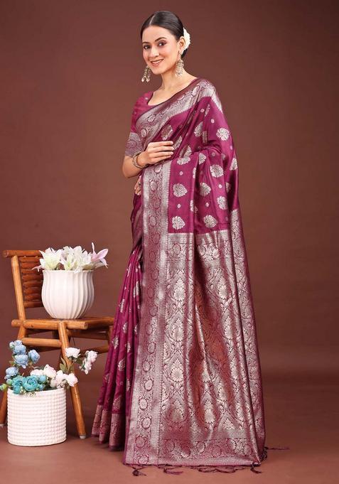 Purple Jacquard Silk Saree Set