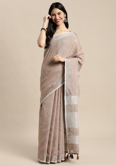Beige Weaving Cotton Saree Set