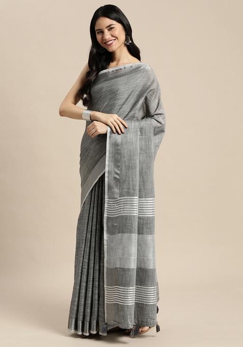 Dark Grey Weaving Cotton Saree Set