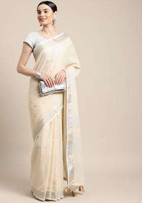 Cream Weaving Cotton Saree Set for Diwali and Festive Wear