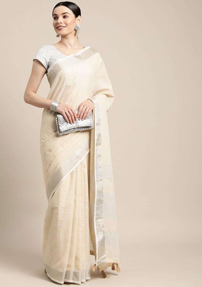 Cream Weaving Cotton Saree Set for Diwali and Festive Wear - Indya
