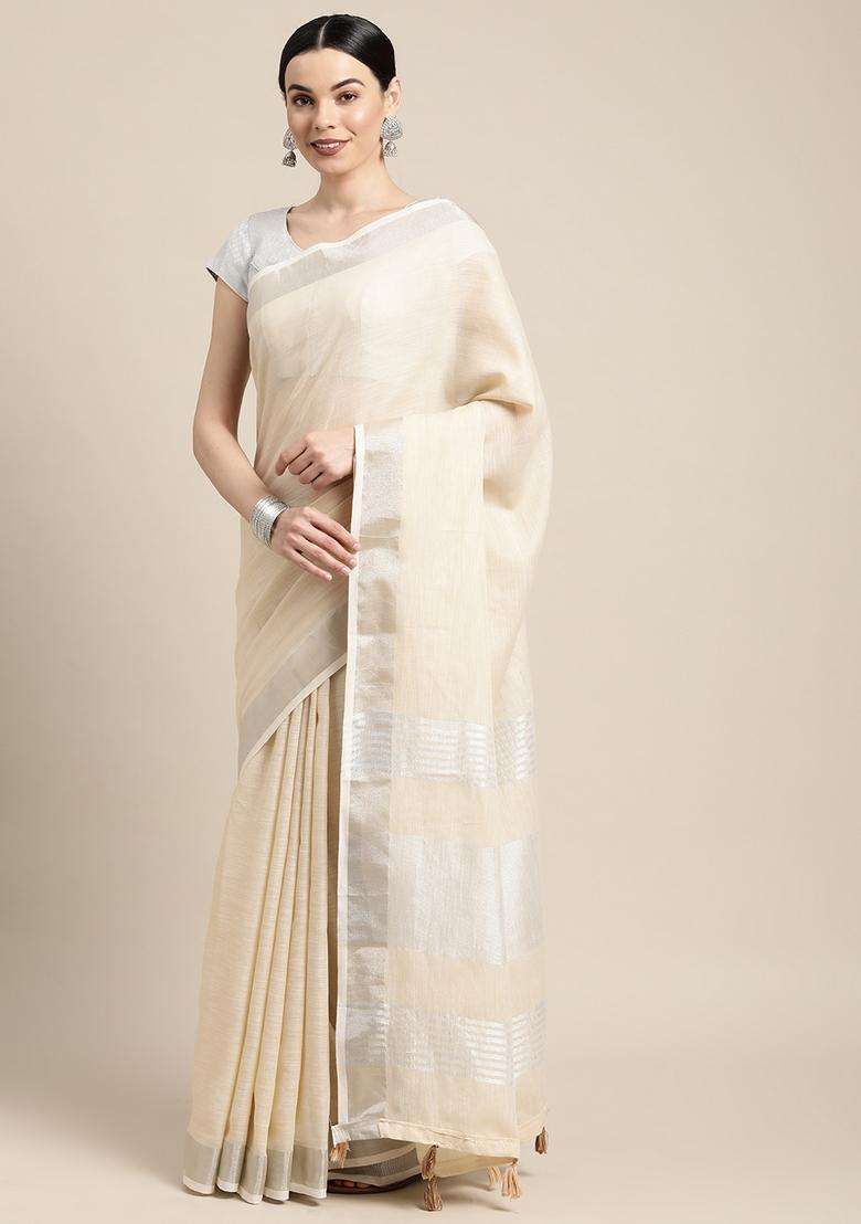 Cream Weaving Cotton Saree Set for Diwali and Festive Wear - Indya
