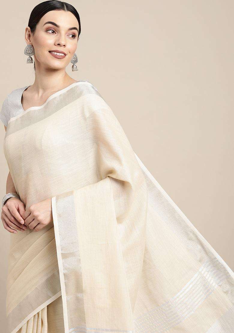Cream Weaving Cotton Saree Set for Diwali and Festive Wear - Indya