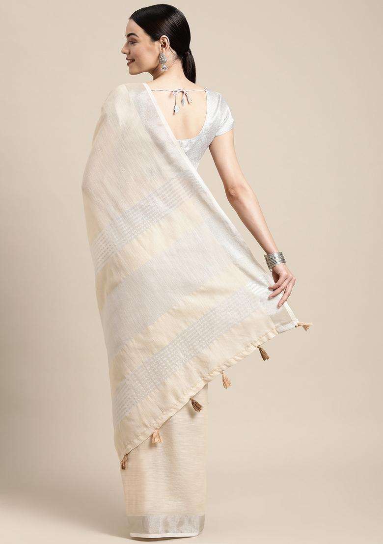 Cream Weaving Cotton Saree Set for Diwali and Festive Wear - Indya