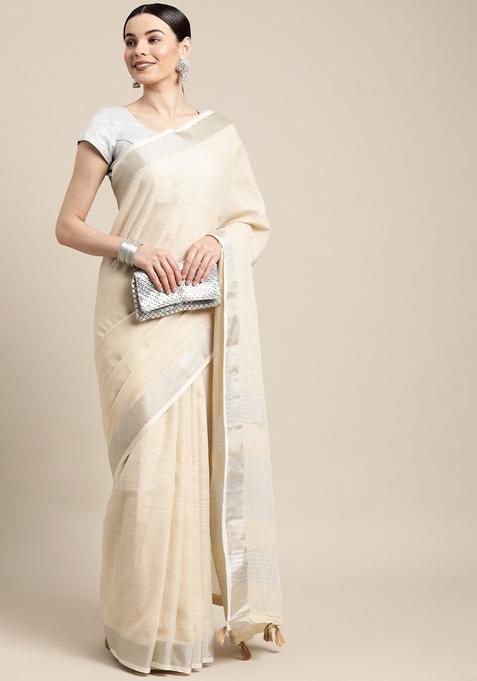 Cream Weaving Cotton Saree Set