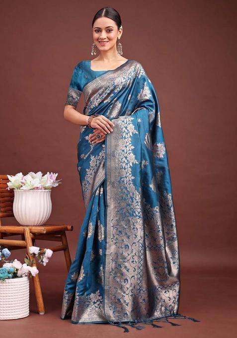 Teal Blue Jacquard Silk Saree Set
