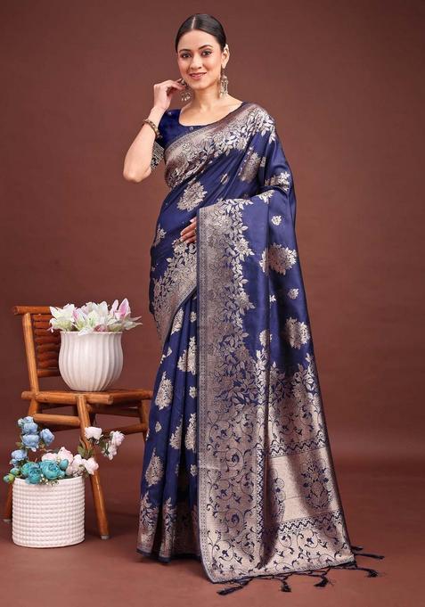 Navy Blue Jacquard Silk Saree Set
