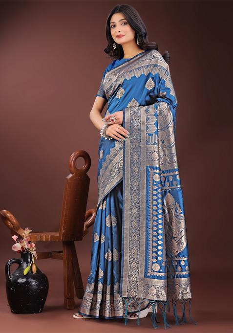 Sky Blue Jacquard Silk Saree Set