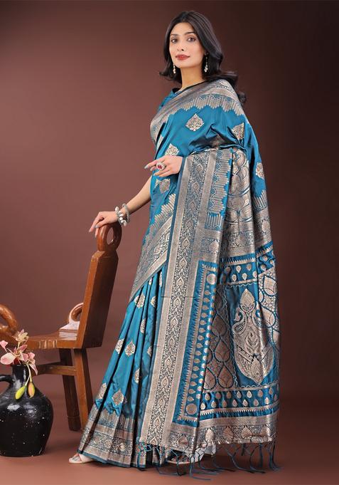 Teal Jacquard Silk Saree Set