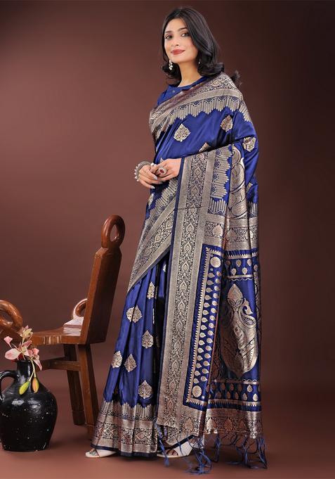 Navy Blue Jacquard Silk Saree Set