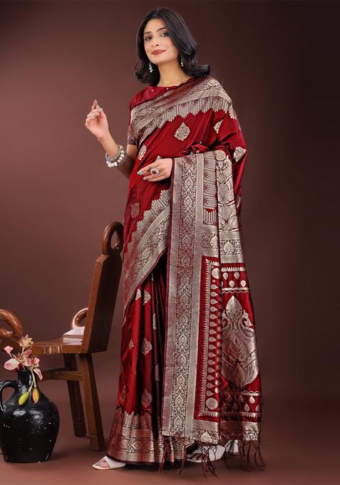Maroon Jacquard Silk Saree Set