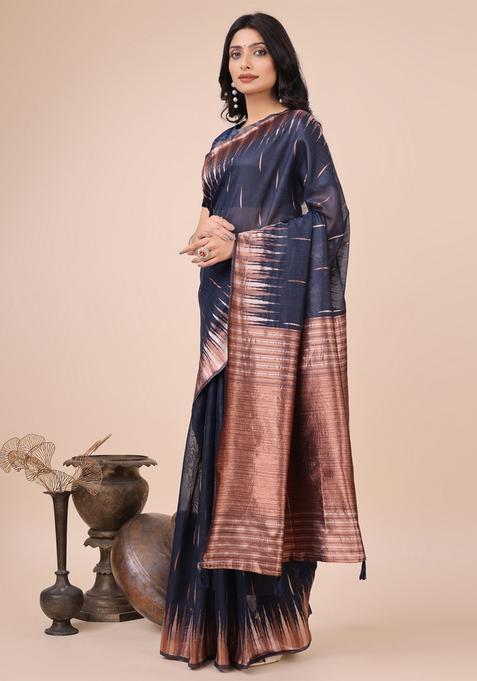 Navy Blue Weaving Cotton Saree Set