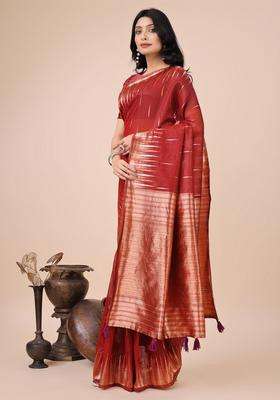 Red Weaving Cotton Saree Set for Diwali and Festive Wear