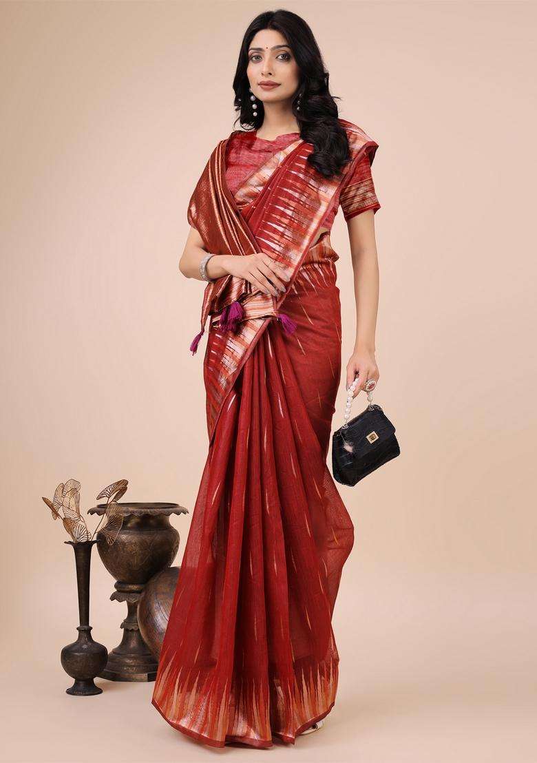 Red Weaving Cotton Saree Set for Diwali and Festive Wear - Indya