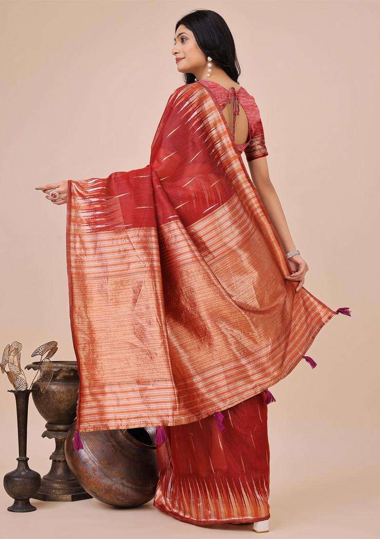 Red Weaving Cotton Saree Set for Diwali and Festive Wear - Indya