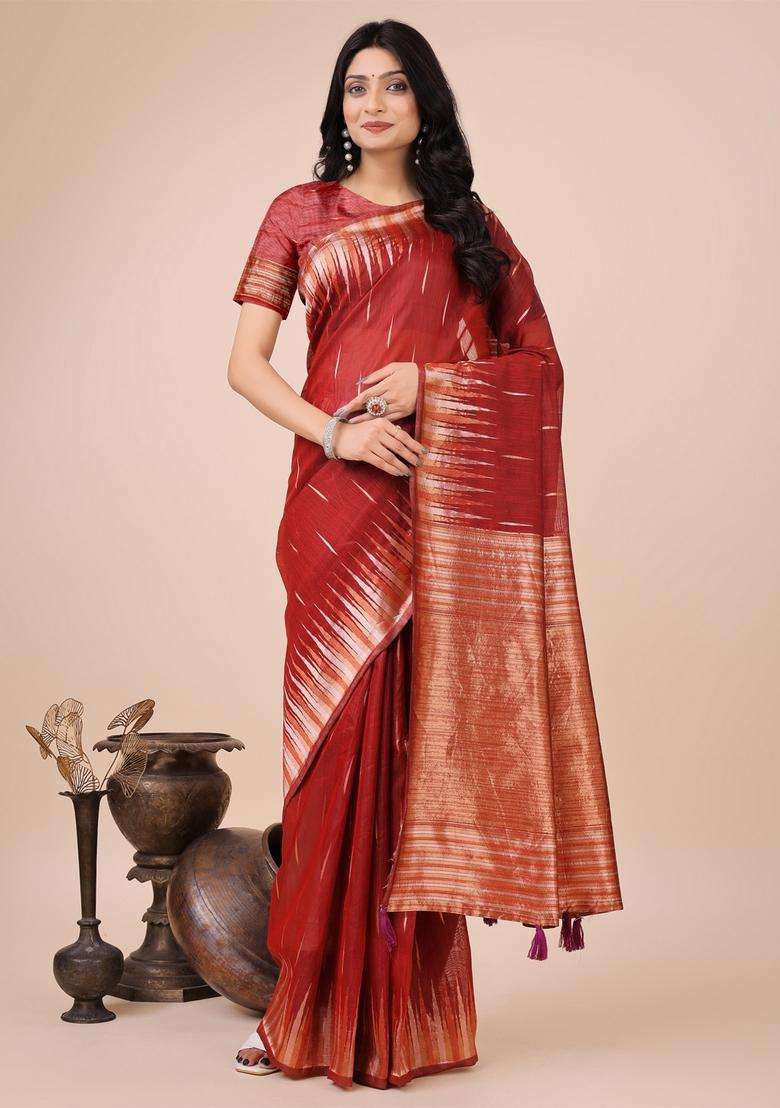 Red Weaving Cotton Saree Set for Diwali and Festive Wear - Indya