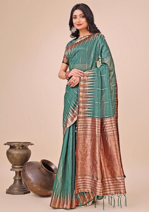 Green Weaving Cotton Saree Set