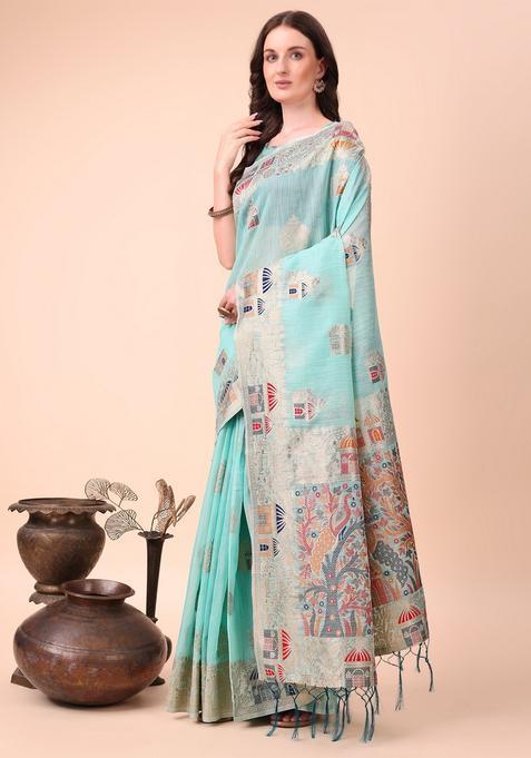 Sky Blue Weaving Cotton Saree Set