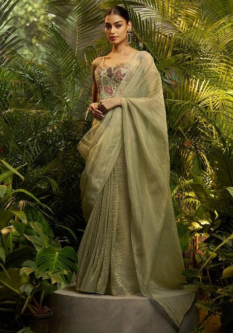 Green Embroidery Tissue Saree Set