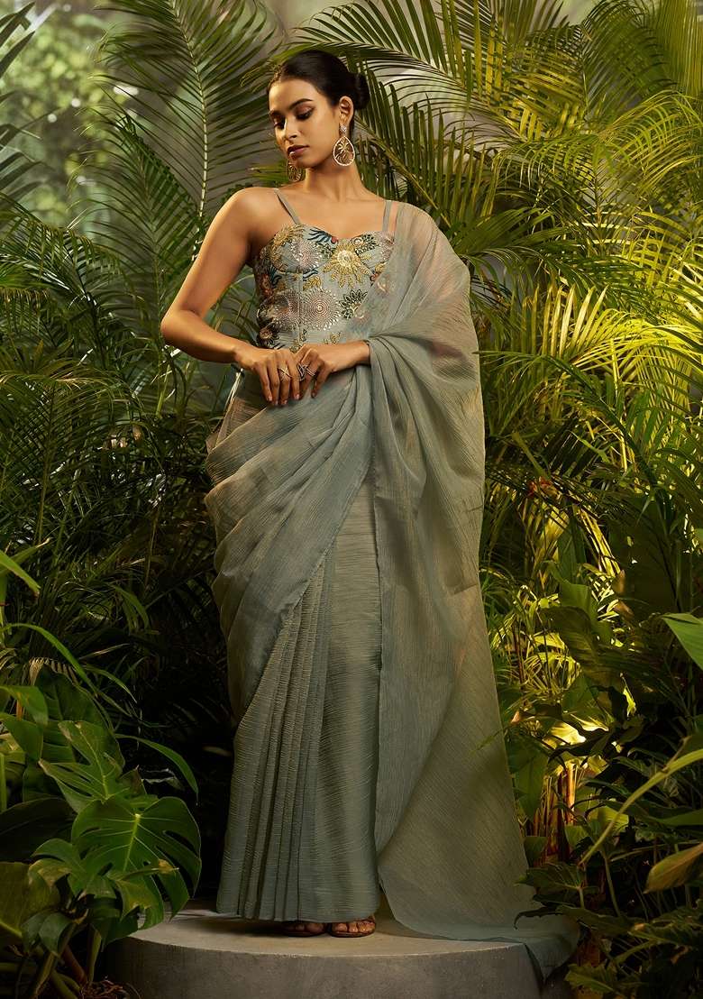 Grey Embroidery Tissue Saree Set for Diwali and Festive Wear - Indya