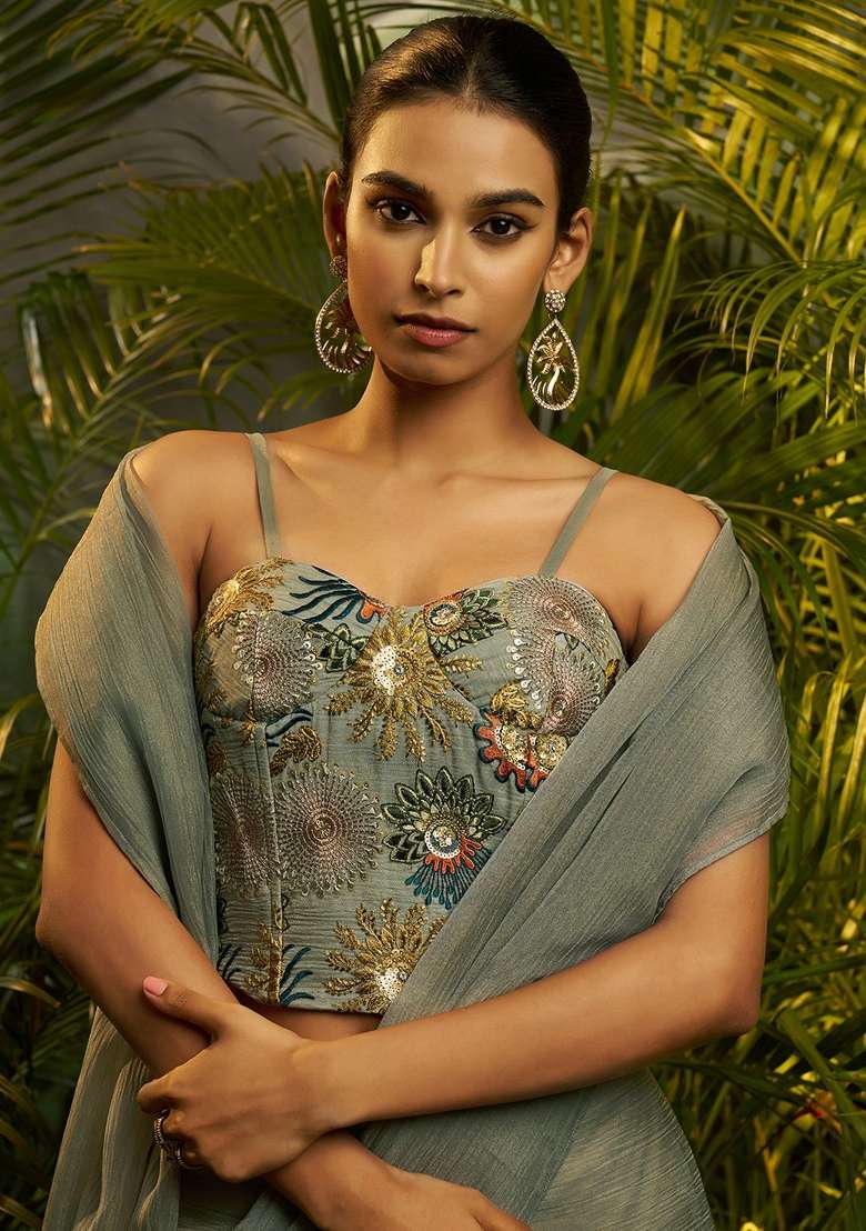 Grey Embroidery Tissue Saree Set for Diwali and Festive Wear - Indya