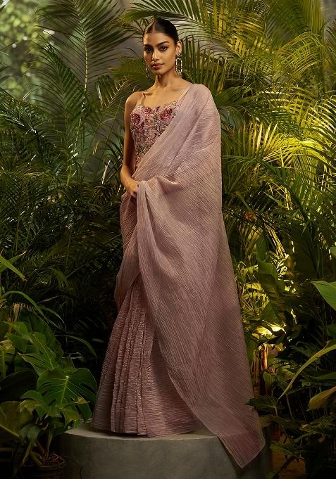 Pink Embroidery Tissue Saree Set