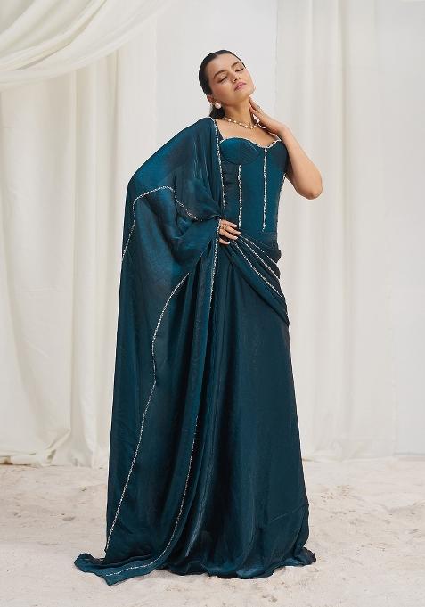 Navy Blue Handwork Organza Saree Set