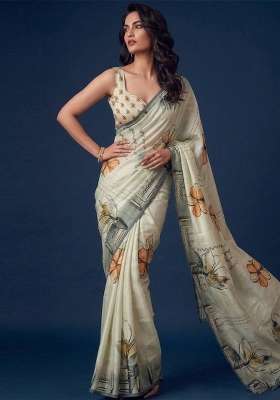 Beige Printed Silk Saree Set for Diwali and Festive Wear