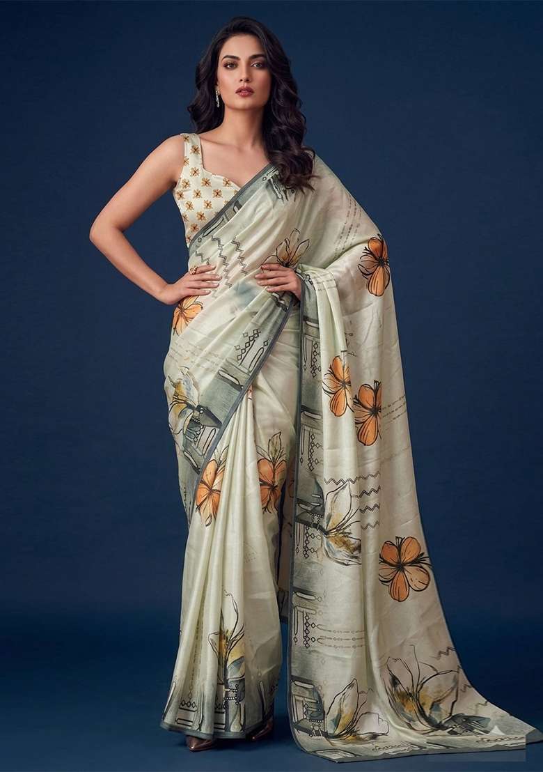 Beige Printed Silk Saree Set for Diwali and Festive Wear - Indya